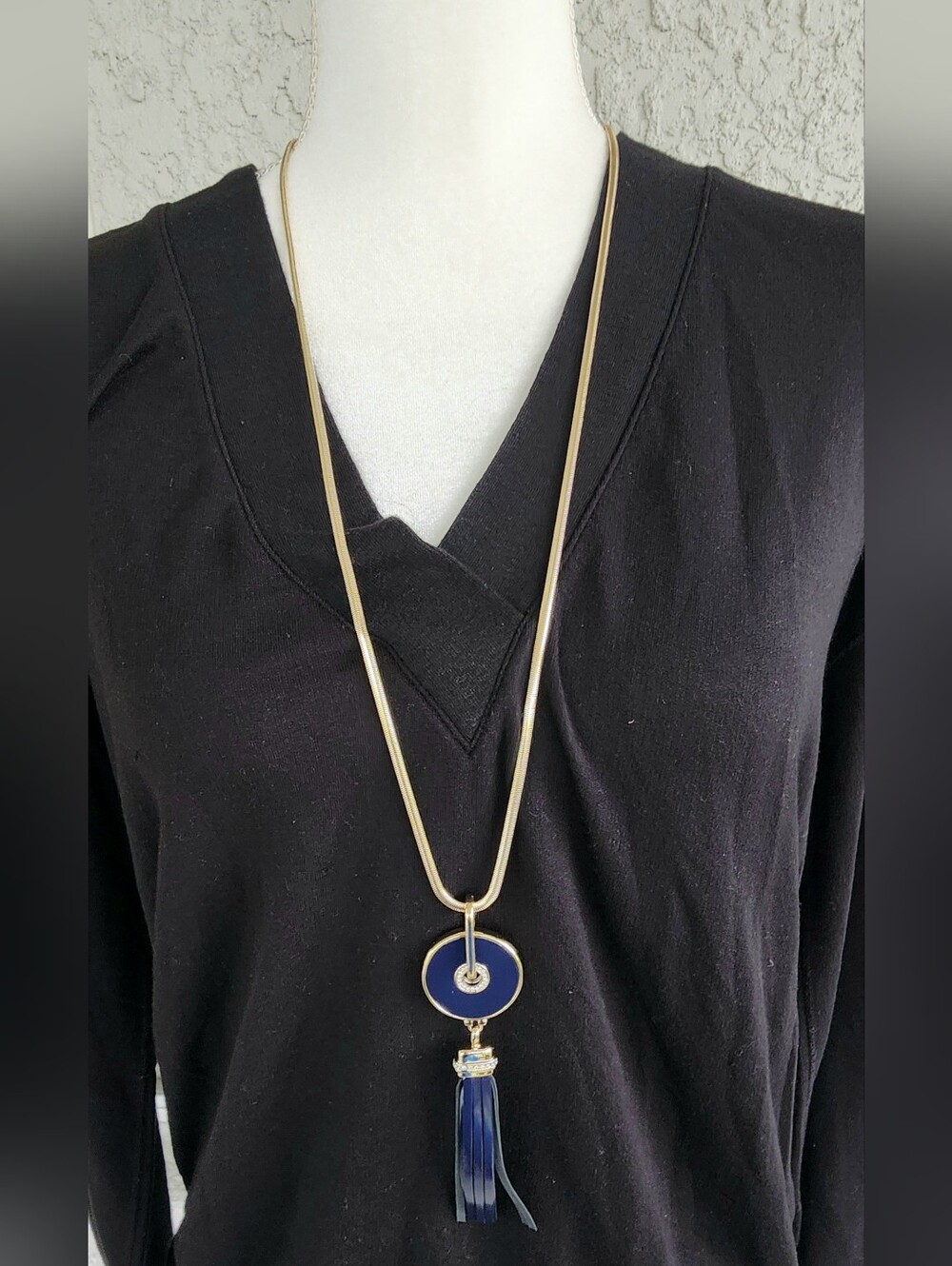 White House Black Market Gold-Tone Necklace with Navy Pendant and Leather Tassel